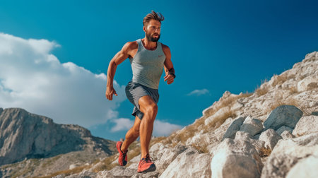 Full-length shot of a strong young man sprinting up a hill against a cloudy blue sky. Generative AI of a handsome man running in shorts and a tank.の素材