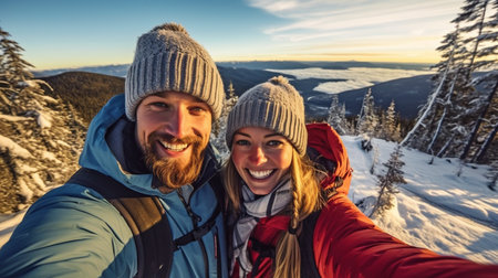 Selfie of a hiking couple in the mountains during the winter. The Generative AIの素材