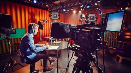 Generative AI, live streaming, a camera-wielding TV operator, a man using TV equipment, and an interviewの素材