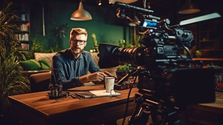 Generative AI, live streaming, a camera-wielding TV operator, a man using TV equipment, and an interviewの素材