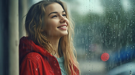 Young woman taking advantage of the rainy day., Generative AIの素材