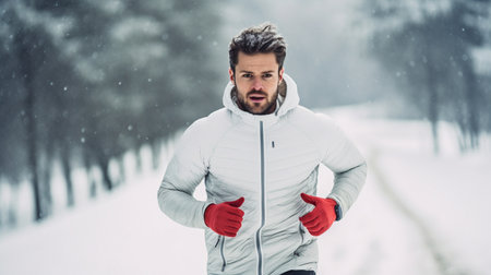 Young athlete sprinting on the snow, using generative AIの素材