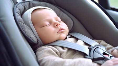 adorable newborn resting under safety belt lock protection on a vehicle journey. Generative AIの素材
