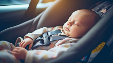 adorable newborn resting under safety belt lock protection on a vehicle journey. Generative AIの素材