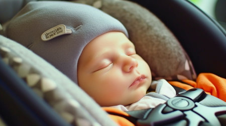 adorable newborn resting under safety belt lock protection on a vehicle journey. Generative AIの素材