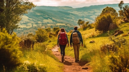 a hiking couple in the mountains during the winter. The Generative AIの素材