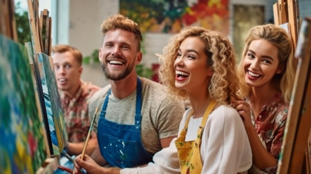 Generative AI Painting Class for Happy Young Couples in an Art Studioの素材