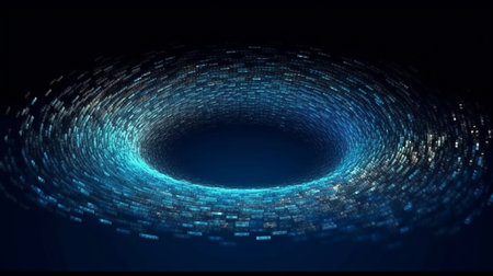 An abstract technology circle with a blue wave. motion of particles. Generative AI and visualisation of massive dataの素材