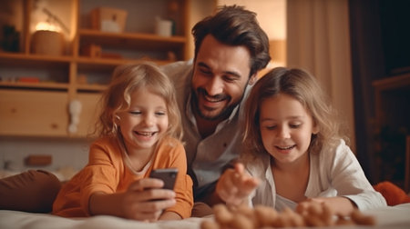 In a contemporary nursery, a joyful family with young children is enjoying using a smartphone while seated on the floor. Generative AIの素材