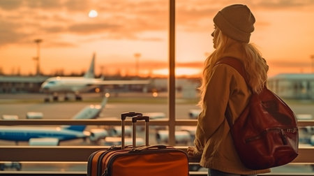 Generative AI depicts a young, beautiful woman with bags and a crowded airport.の素材