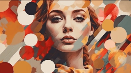 composite portrait in abstract contemporary art of a young woman. Generative AI, trendy paper collage compositionの素材