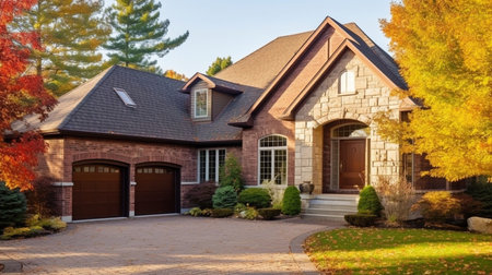 Exterior of a luxury home with a double garage, brick and siding trim, and Generative AIの素材