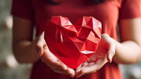 Using Generative AI, a woman displays a red polygonal heart form.の素材