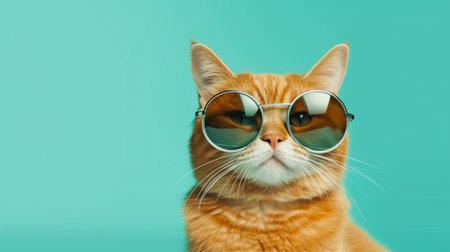 Funny ginger cat wearing sunglasses in close-up portrait, isolated on bright cyan. Generative AI, Copyspaceの素材