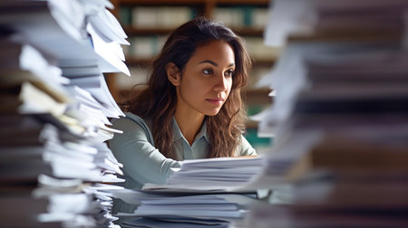 Generative AI is used by a businesswoman to scan and examine incomplete papers stored in stacks of paper files.の素材