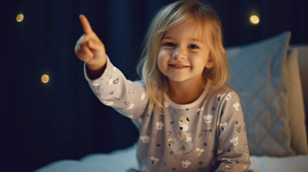 Cute young girl in pyjamas, pointing at a small nightlight while grinning in the dark.の素材