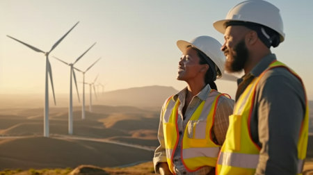 Engineers of both sexes working on a wind farm atop a rural peak or hill. The generation of renewable, Generative AI in the future should be progressive.の素材