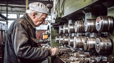 Generative AI is being used by a senior worker at the factory.の素材