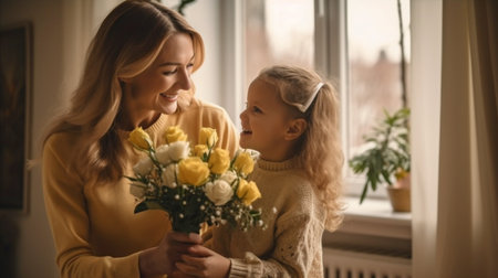Daughter gifts bouquet of flowers to mother., Generative AIの素材