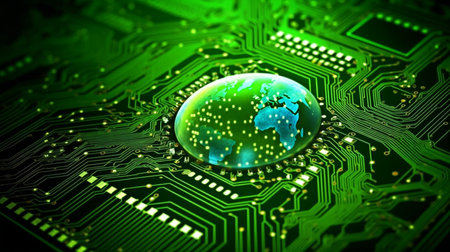 On a circuit board, there is a green world icon. Environment Computer chip with green technology.Generative AI and green computingの素材