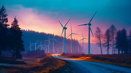 Standing wind turbine generators in the evening, Generative AIの素材