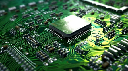 On a circuit board, there is a green world icon. Environment Computer chip with green technology.Generative AI and green computingの素材