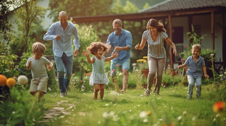 Generative AI, happy family in the backyardの素材