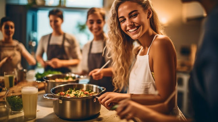 A young woman and her pals are learning culinary skills in the kitchen while taking a cooking class, Generative AIの素材