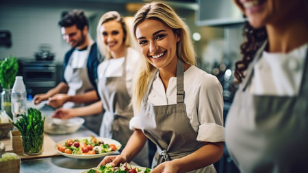 A young woman and her pals are learning culinary skills in the kitchen while taking a cooking class, Generative AIの素材