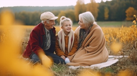 On a field in the autumn, grandparents are enjoying themselves while watching their family. Generative AIの素材