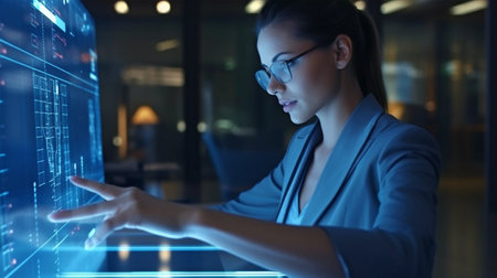 Generative AI and a businesswoman utilising a hologram computer screenの素材