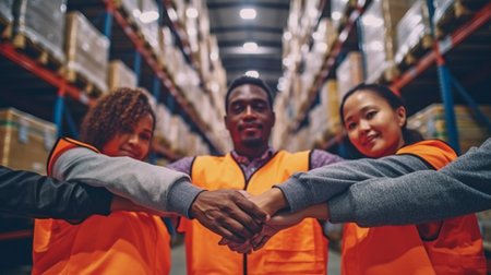 Generative AI bottom view of a multi-ethnic group of distribution warehouse workers stacked together in harmonyの素材