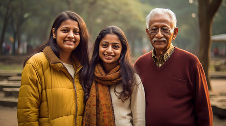 A young Indian woman and her parents are depicted in a Generative AI family photo in a park in Delhi.の素材
