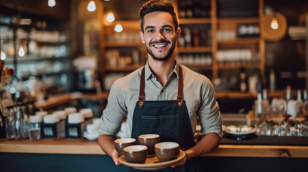 Generative AI, a waiter carrying coffee cups at a cafeの素材