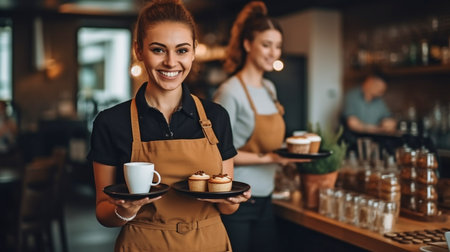 two coffee cups are being carried by a waitress in a cafe. Generative AIの素材