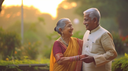 Senior Indian couple holding hands in close proximity while smiling and laughing in the twilight in a park in New Delhi, using generative AIの素材