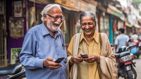 In New Delhi, India, an elderly couple is seen browsing their smartphones while out and about. The Generative AIの素材