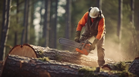 Tree cutting process, team of skilled lumberjack woodcutter down a large tree using ropes and a chainsaw, arborist and tree surgeon at work, Generative AIの素材
