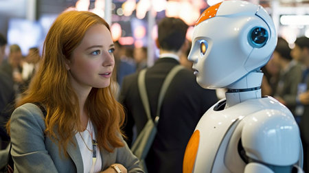 Conversation between a lady and a robot consultant, Generative AIの素材