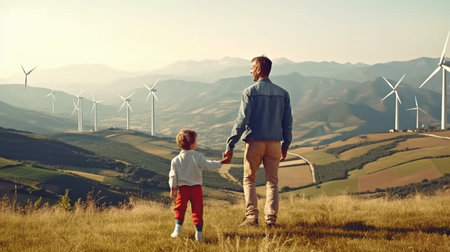 An engineer and his son are at a wind farm on a rural peak or hill. The generation of renewable, Generative AI in the future should be progressive.の素材
