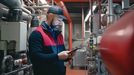 With a tablet in hand, the technician was inspecting the boiler room's heating system. Generative AIの素材