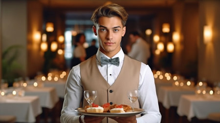 Generative AI portrait of a waiter in a restaurant's lobby holding a tray with orders.の素材