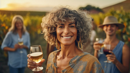 Generative AI, a happy woman drinking wine with varied pals outside in a rural location at dusk.の素材