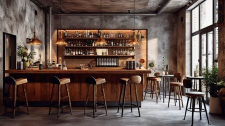 The interior of a modern cafe features a bar, chairs, concrete walls, and a wooden floor. Generative AIの素材