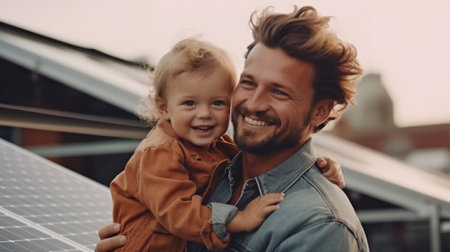 Father and his little son holding a solar panel in close-up in front of their new, unfinished home., Generative AIの素材