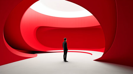 Generative AI depicts a human standing in an abstract, red, curving area.の素材