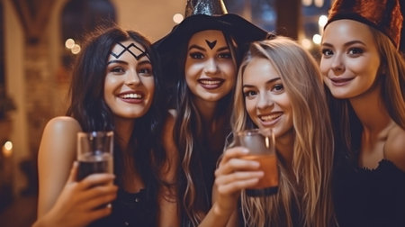 Taking selfies at a party while dressed in Halloween costumes, Generative AIの素材