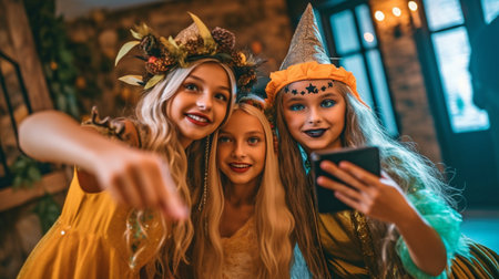 Taking selfies at a party while dressed in Halloween costumes, Generative AIの素材