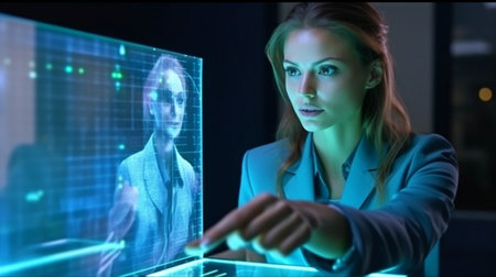 Generative AI and a businesswoman utilising a hologram computer screenの素材