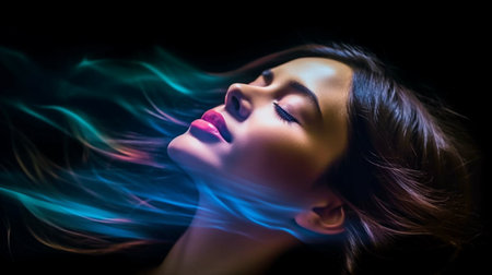 Generative AI, a woman with closed eyelids and light trailsの素材